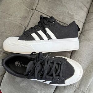 Adidas Women’s Bravada 2.0 Platform Black Canvas Sneakers with White Stripes